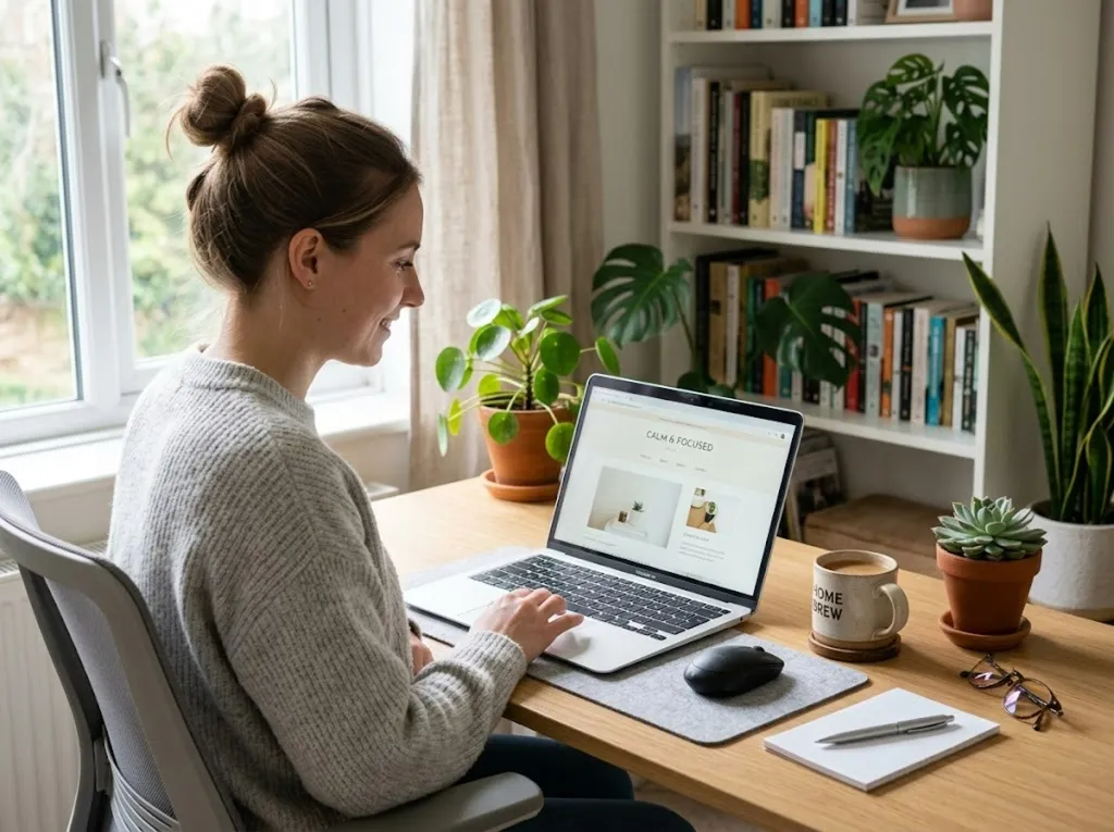 A woman at a home-office desk reading a calm, uncluttered web page on her laptop